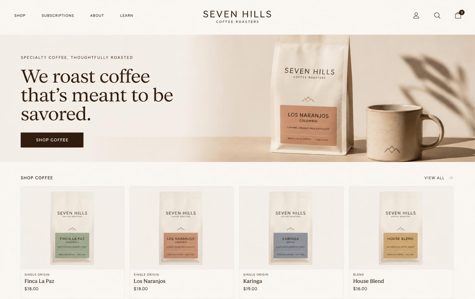 Screenshot of the Seven Hills Coffee website